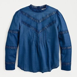J. Crew | Lace-Trim Mockneck Chambray Blouse in Indigo Voile